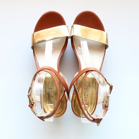 Michael Kors Brown & Gold Platform Wedge Strappy Open Toe Sandals / Summer Shoes - Picture 5 of 16